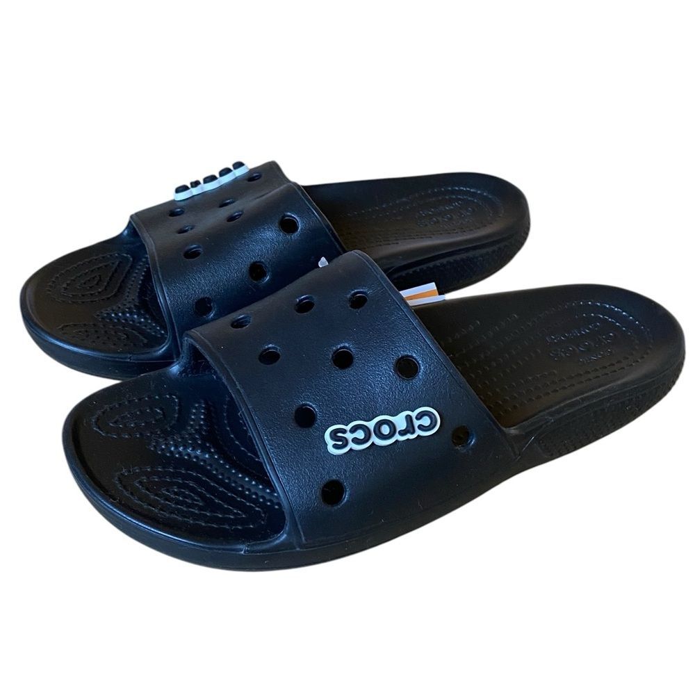NWT Crocs Classic Slide Sandals in Black Size Men 8 Women 10 with Crocs Charms
